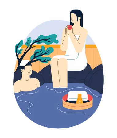 Casal feliz tomando banho no onsen  Ilustração