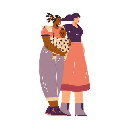 Casal feminino com bebê no canguru  Ilustração