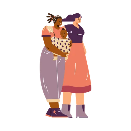 Casal feminino com bebê no canguru  Ilustração