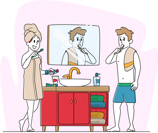 Casal fica em frente ao espelho e escovando os dentes juntos  Ilustração