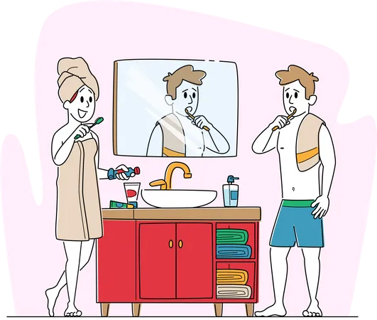 Casal fica em frente ao espelho e escovando os dentes juntos  Ilustração