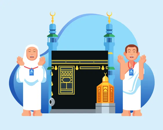 Lindo casal de peregrinos muçulmanos em frente à Kaaba e Maqam Ibrahim. Adequado para gráficos informativos.  Ilustração