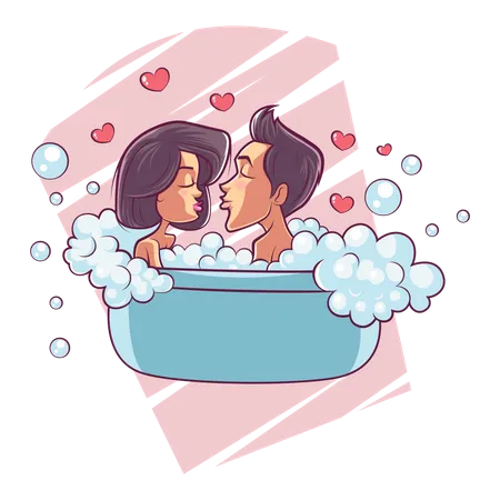 Casal fofo tomando banho na banheira  Ilustração