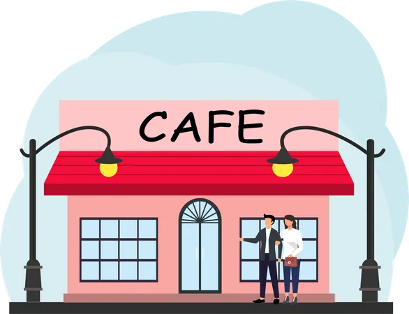 Casal fora do café  Ilustração