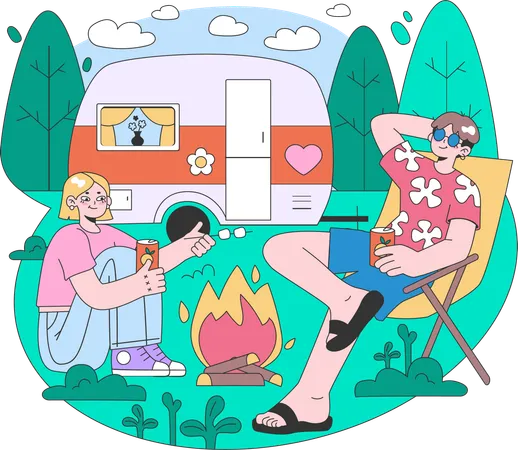 Casal fritando marshmallow juntos  Ilustração