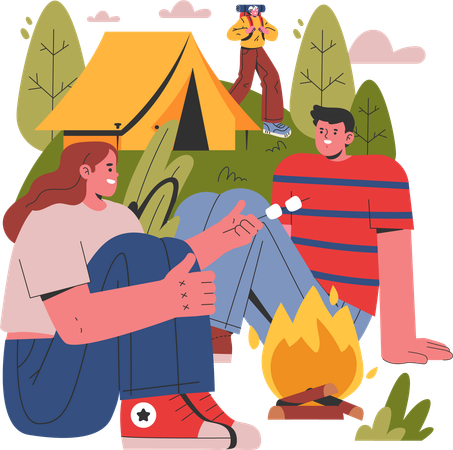 Casal fritando marshmallows juntos no acampamento  Ilustração