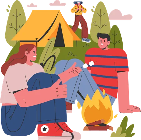 Casal fritando marshmallows juntos no acampamento  Ilustração