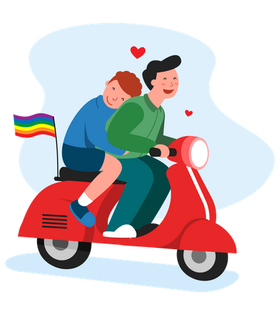 Casal gay andando de scooter  Ilustração