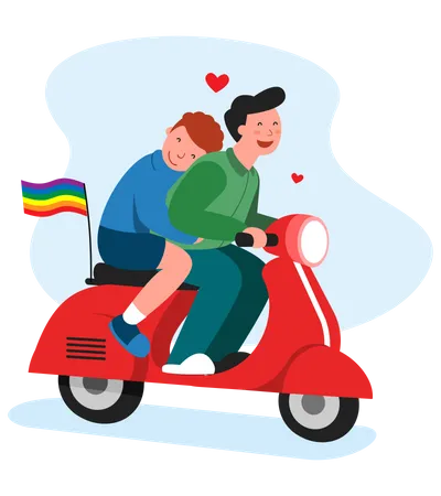Casal gay andando de scooter  Ilustração