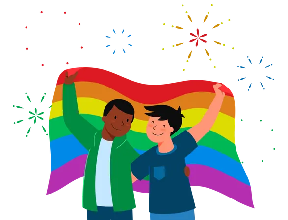 Casal gay andando com bandeira do Orgulho  Ilustração