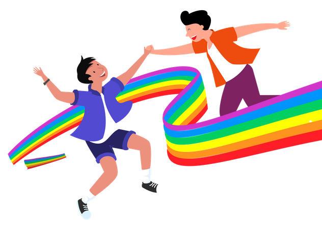 Casal gay com bandeira do orgulho  Ilustração