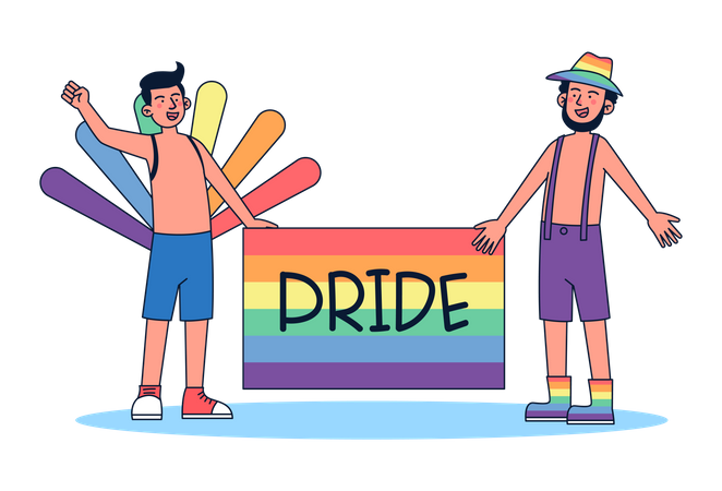 Casal gay com bandeira do orgulho  Ilustração