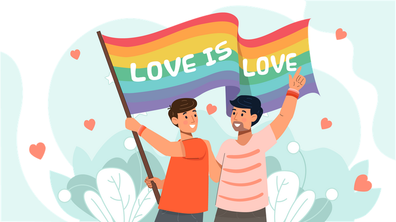 Casal gay segurando bandeira LGBT  Ilustração