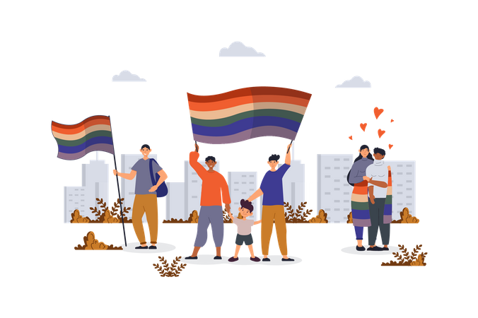 Casal de gays e lésbicas segurando a bandeira do arco-íris e comemorando o festival do orgulho  Ilustração
