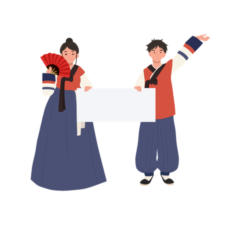 Casal hanbok mostrando sinal em branco  Ilustração