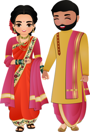 Casal hindu em roupas tradicionais de casamento  Ilustração