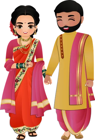 Casal hindu em roupas tradicionais de casamento  Ilustração
