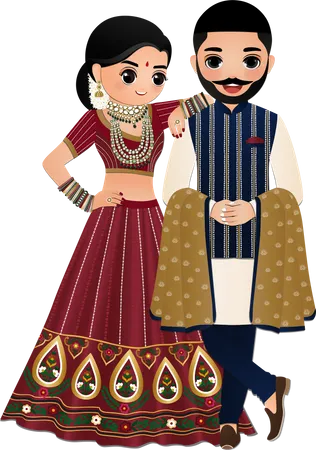 Casal hindu em roupas étnicas indianas tradicionais  Ilustração