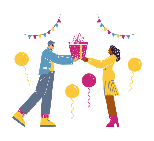 Casal homem e mulher trocando presentes de Natal  Ilustração