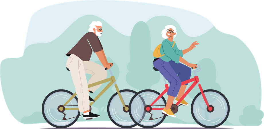 Casal de idosos andando de bicicleta  Ilustração