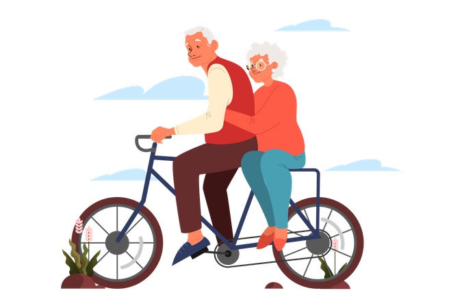 Casal de idosos andando de bicicleta  Ilustração