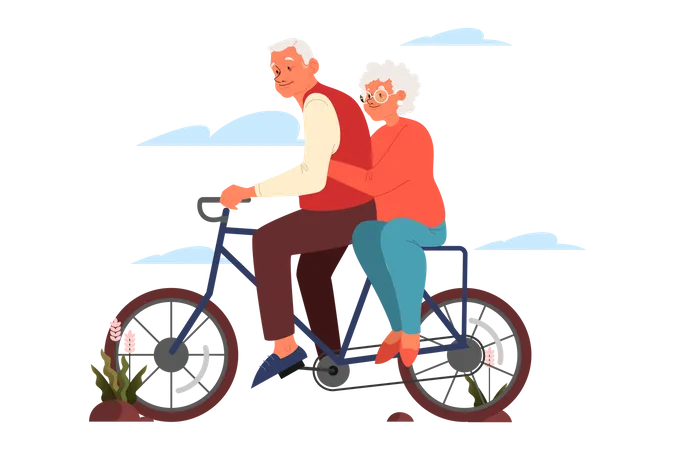 Casal de idosos andando de bicicleta  Ilustração