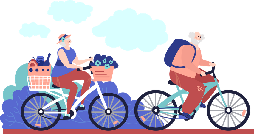 Casal de idosos andando de bicicleta no parque  Ilustração