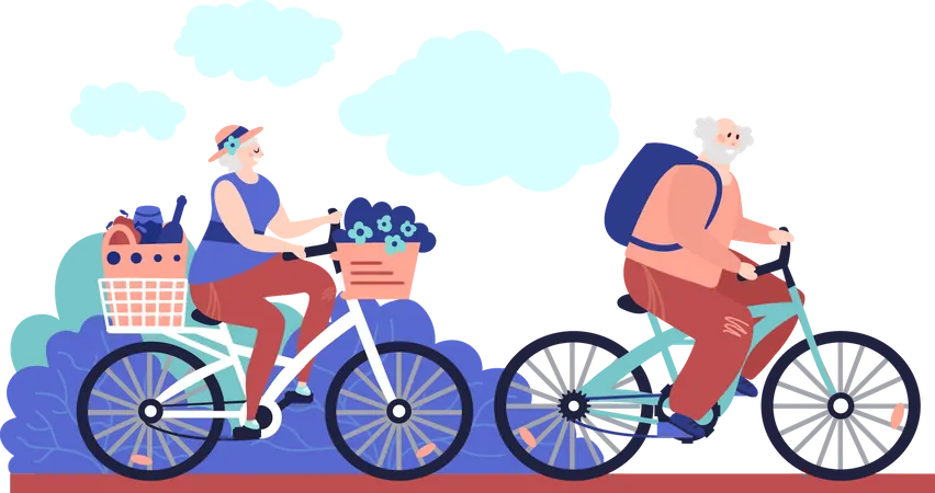 Casal de idosos andando de bicicleta no parque  Ilustração