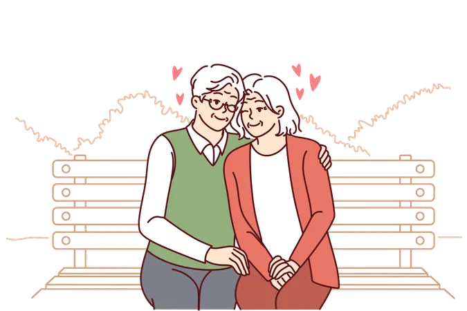Casal de idosos apaixonados senta-se no banco do parque, abraçando e aproveitando a vida familiar feliz  Ilustração