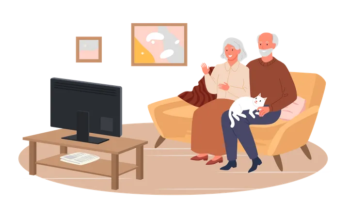 Casal de idosos assistindo tv  Ilustração