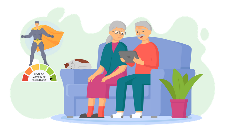Casal de idosos assistindo vídeo no tablet  Ilustração