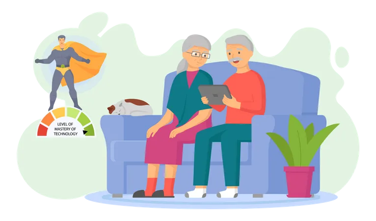Casal de idosos assistindo vídeo no tablet  Ilustração
