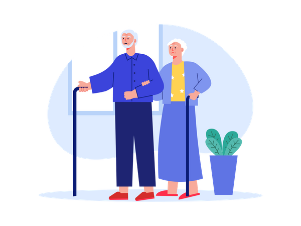 Casal de idosos andando com ajuda de bengala  Ilustração