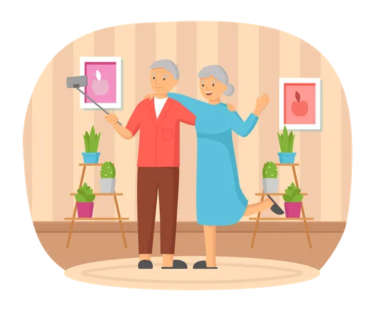 Casal de idosos fazendo selfie juntos  Ilustração