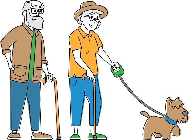Casal de idosos passeando com cachorro  Ilustração