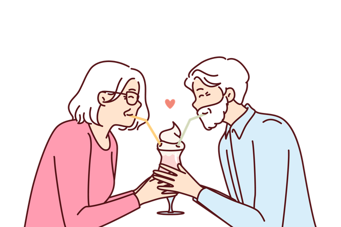 Casal romântico de idosos bebendo coquetel de canudos juntos aproveitando a aposentadoria  Ilustração