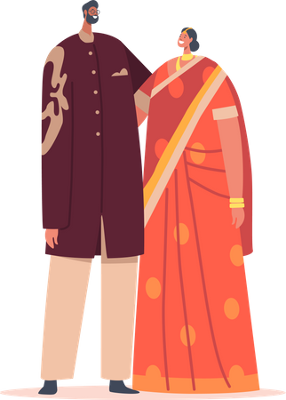 Celebração de casamento de casal indiano, noivo barbudo feliz e cerimônia de casamento de personagens de noiva, recém-casado  Ilustração