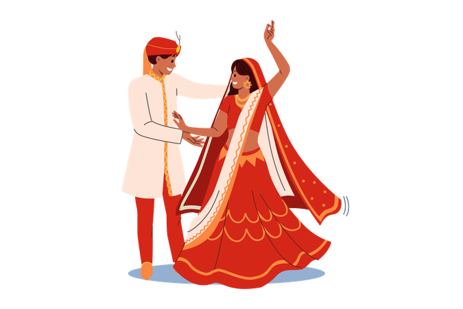 Casal indiano dança dança de casamento com roupas nacionais realizando rito tradicional da cultura hindi  Ilustração