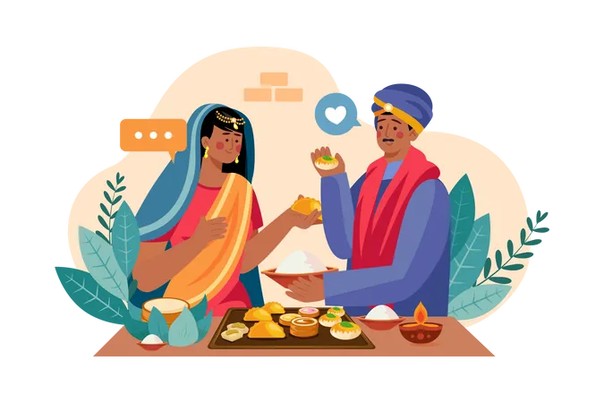 Casal indiano desfrutando de doces de Diwali  Ilustração