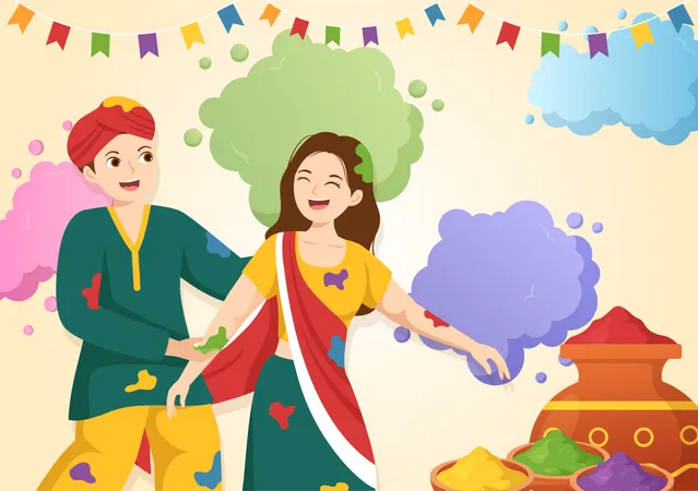 Ilustracao Feliz Do Festival Holi Com Pote Colorido E Po Em Hindi Para Banner Da Web Ou Pagina De Destino Em Modelos Desenhados A Mao De Desenhos Animados Planos Ilustração