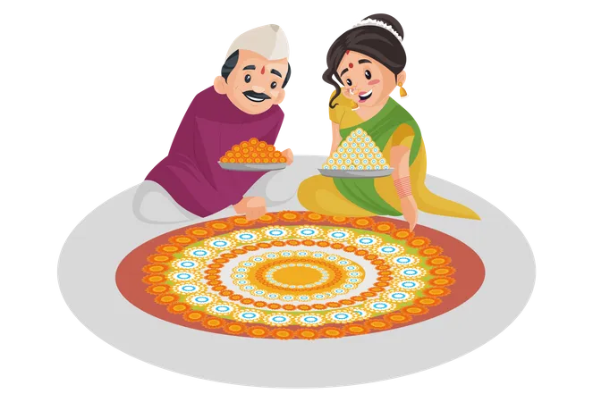 Casal indiano Marathi está decorando o chão com flores  Ilustração
