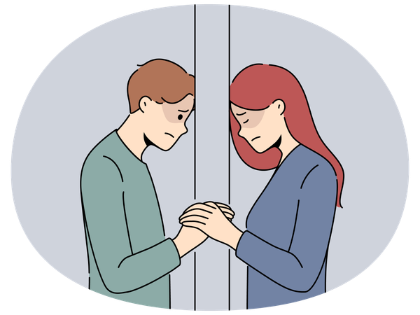 Casal infeliz separado por muro  Ilustração