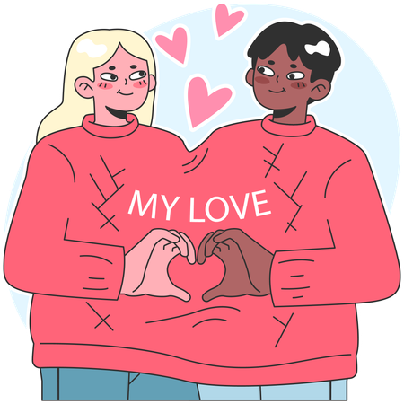 Casal interracial fofo compartilhando suéter e corações  Ilustração