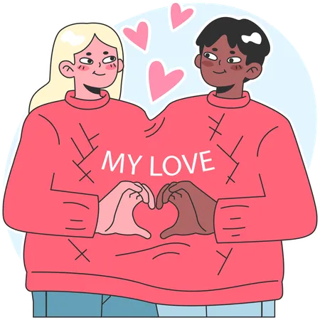 Casal interracial fofo compartilhando suéter e corações  Ilustração