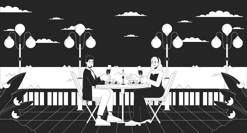 Casal jantando no restaurante romântico perto do mar  Ilustração