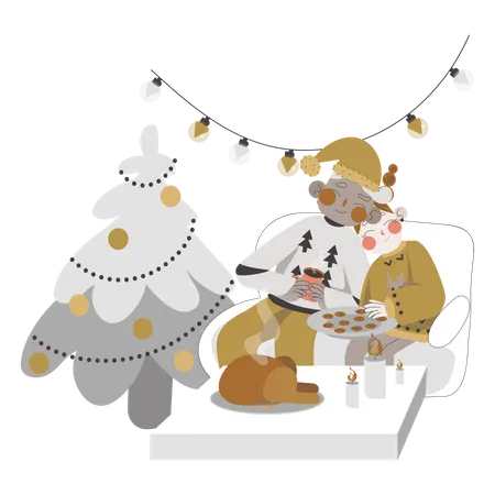 Casal jantando na noite de Natal  Ilustração
