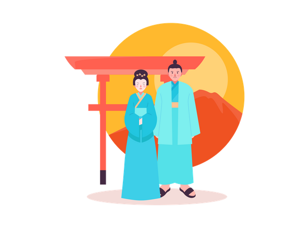 Casal japonês em roupas tradicionais  Ilustração