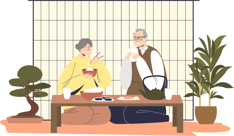 Casal japonês jantando  Ilustração