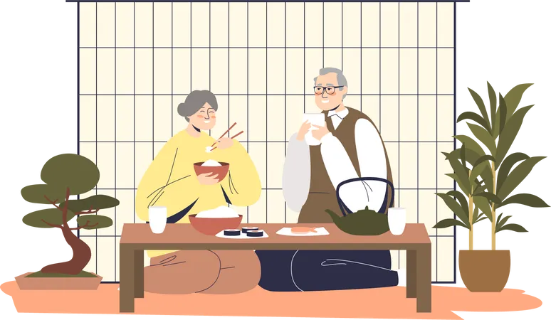 Casal japonês jantando  Ilustração