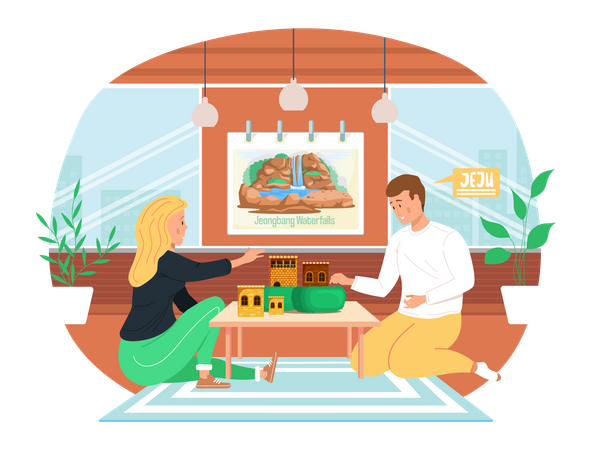Casal jogando jogo de lógica em casa no fim de semana  Ilustração